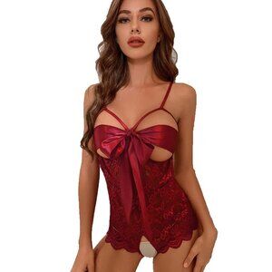 Self Knot Front Teddy Lingerie One Piece Floral  - Burgundy